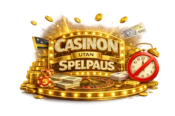 Casinon utan spelpaus illustrerade med guldfärgad casinologga, spelmarker, sedlar och väckarklocka med stopp-symbol i casinotema