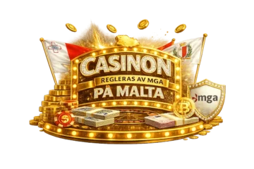 Casinon med MGA licens från Malta illustrerade med guldfärgad casinologga, maltesiska flaggor, MGA-sköld, bitcoin-symbol och spelmarker