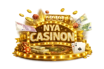 Nya casinon utan licens illustrerade med guldfärgad casinologga, spelkort, tärningar, spelautomater och sedlar i casinotema
