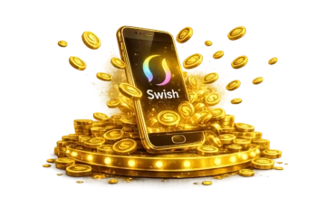 Skattefria vinster illustrerade med mobiltelefon med Swish och guldtackor samt spelmynt i casinotema