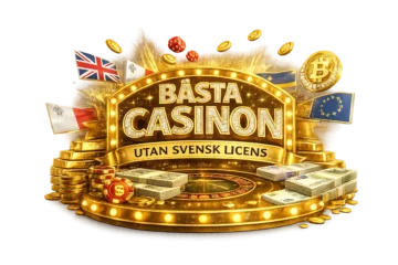 Bästa casinon utan svensk licens med guldfärgad skylt, bitcoin-symbol, EU-flagga och spelmarker i lyxig casinostil